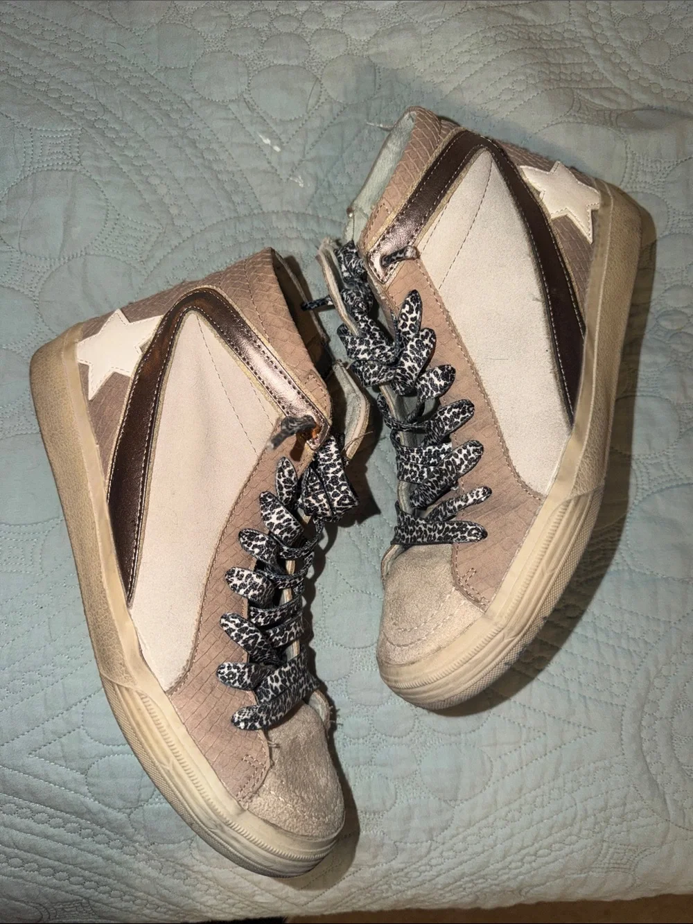 Beige High-Top Sneakers with Leopard Laces shu shop